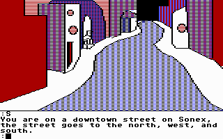 The Tracer Sanction (Commodore 64) screenshot: On a street on the planet Sonex.