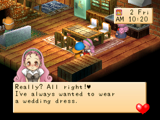 Harvest Moon: Back to Nature (PlayStation) screenshot: Used Blue Feather to Popuri.