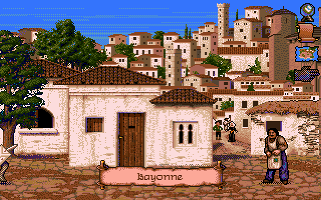 Vengeance of Excalibur (DOS) screenshot: After landing in the town of Bayonne.