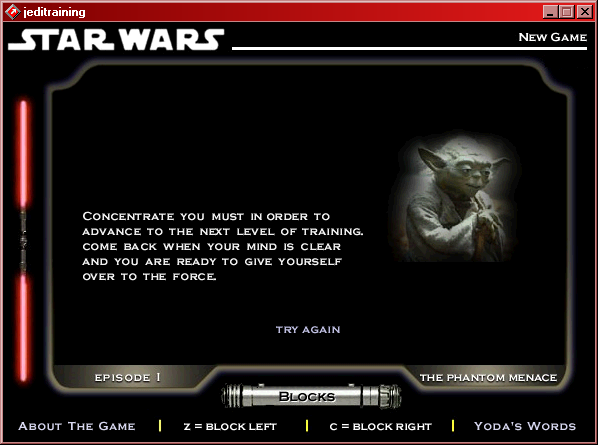 Star Wars: Jedi Training (Windows) screenshot: Game over. Too many shots unblocked.