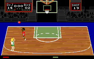 One-on-One (Amiga) screenshot: Trying for a shot.