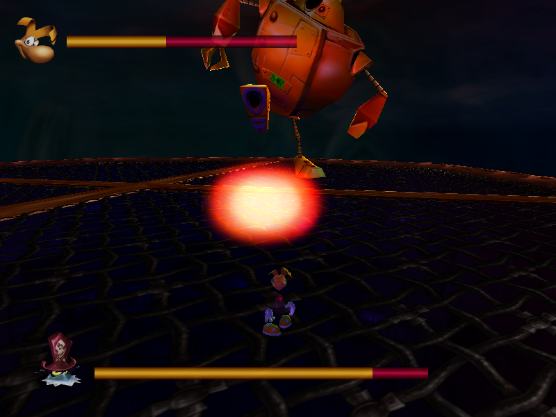 Rayman 2: The Great Escape (Windows) screenshot: I hit him with his own explosives and now he’s mad