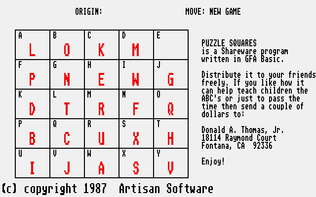 Puzzle Squares (Atari ST) screenshot: Info screen