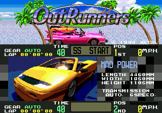 OutRunners (Genesis) screenshot: Title screen showing Mad Power car