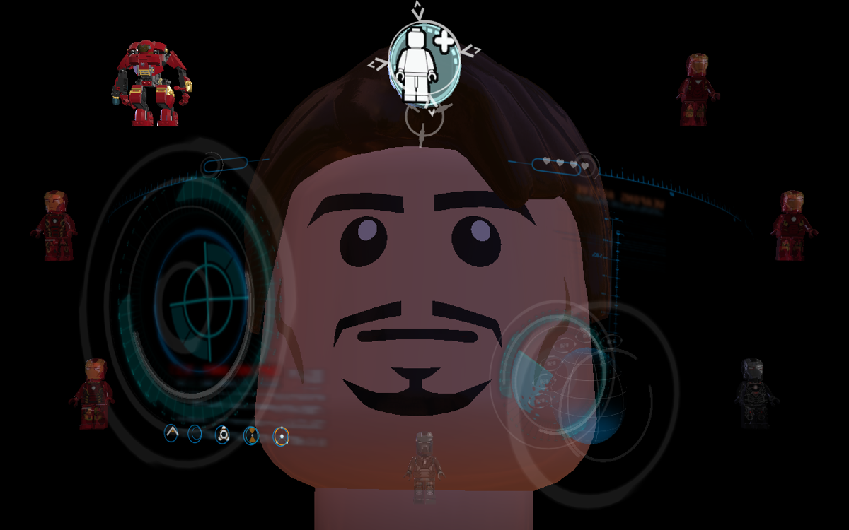 LEGO Marvel Avengers (Windows) screenshot: Inside Iron Man's suit you can select any model from what you've collected