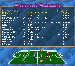 Kick Off 3: European Challenge (SNES) screenshot: Squad Select Interface