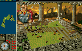 PowerMonger (DOS) screenshot: A battle in progress. (VGA 256 Color)