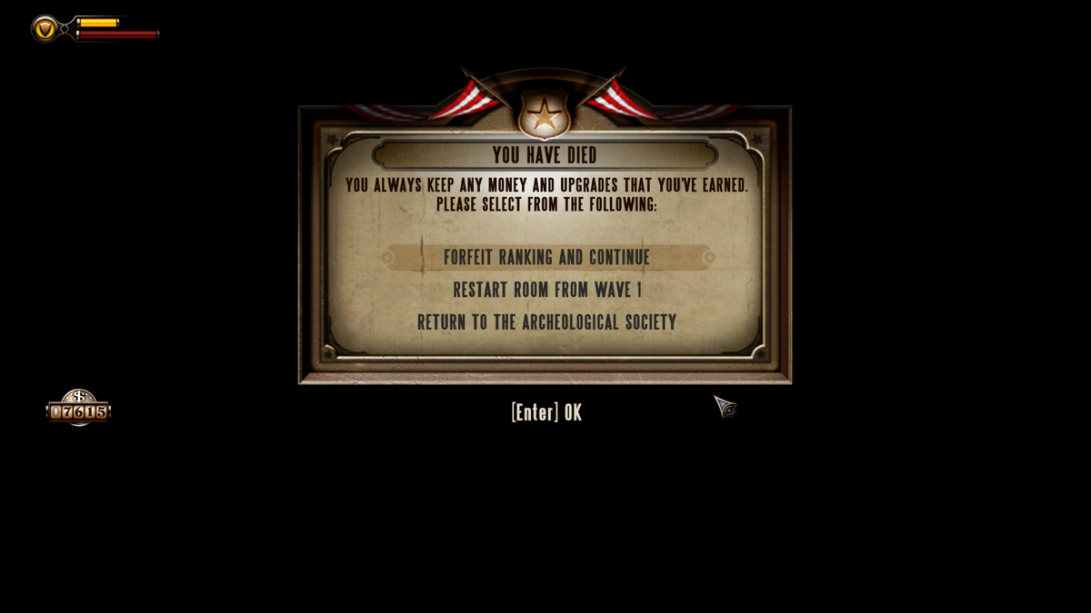 BioShock Infinite: Clash in the Clouds (Windows) screenshot: When you are killed there are three options