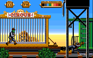 Back to the Future Part III (Amiga) screenshot: Getting knocked off the train.