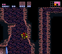 Super Metroid (SNES) screenshot: The wall-jump can be very helpful. Especially when you haven't found the High Jump Boots yet.