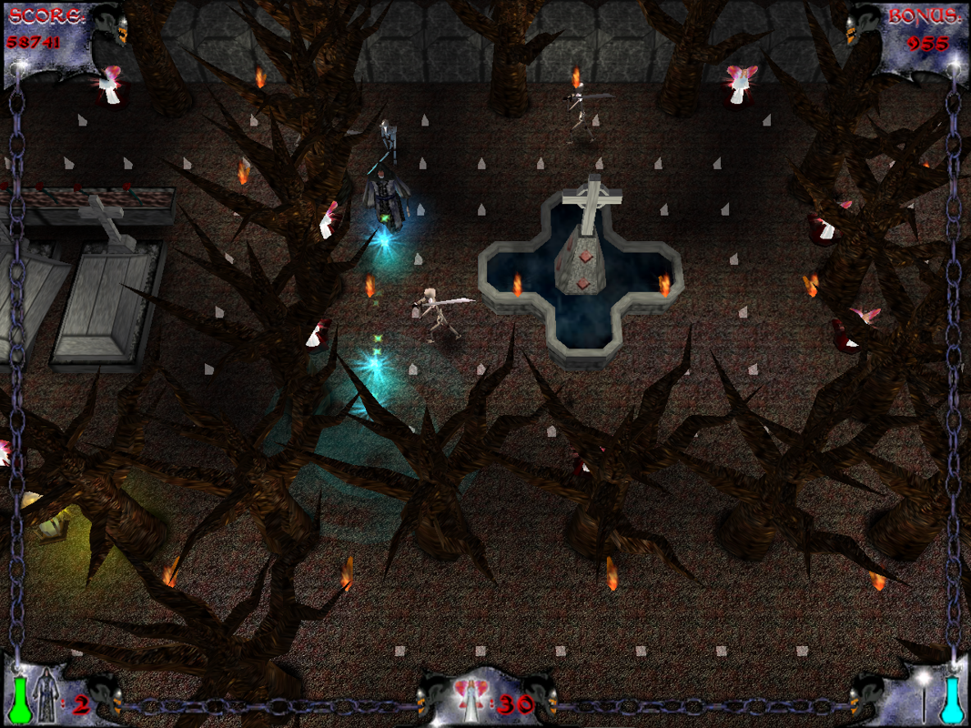 DemonLisher (Windows) screenshot: Blasting some fast-moving skeletons on level 3