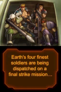 Contra 4 (Nintendo DS) screenshot: Intro shot 4. With a team so diverse, the only member missing is a guy in a wheelchair.