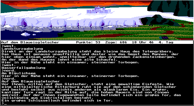 Das Stundenglas (DOS) screenshot: The distant ice castle is important. And locked.
