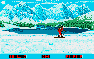 Winter Challenge: World Class Competition (Amiga) screenshot: Biathlon - Pretty scenery.