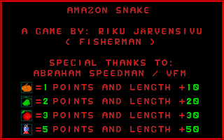 Amazon Snake (DOS) screenshot: These are the in-game credits which come with a summary of the available foods