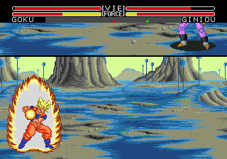 Dragon Ball Z: L'Appel Du Destin (Genesis) screenshot: Goku vs Giniou - Kaaaa... Meeee...