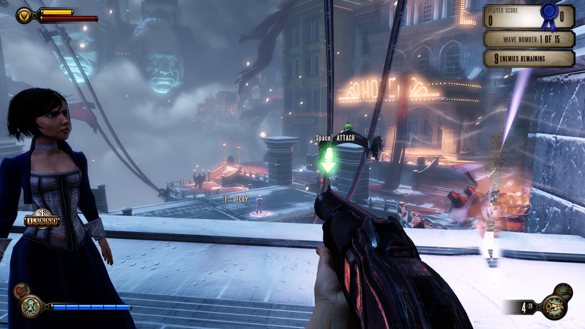 BioShock Infinite: Clash in the Clouds (Windows) screenshot: In the beginning of most waves enemies won't pay attention to you, unless you shoot, make Elisabeth open a tear or move closer to the enemies