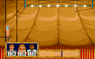 Circus Games (Amiga) screenshot: Trapeze - The judges judge my performance.