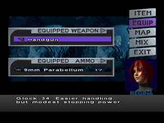 Dino Crisis (PlayStation) screenshot: Equipment menu