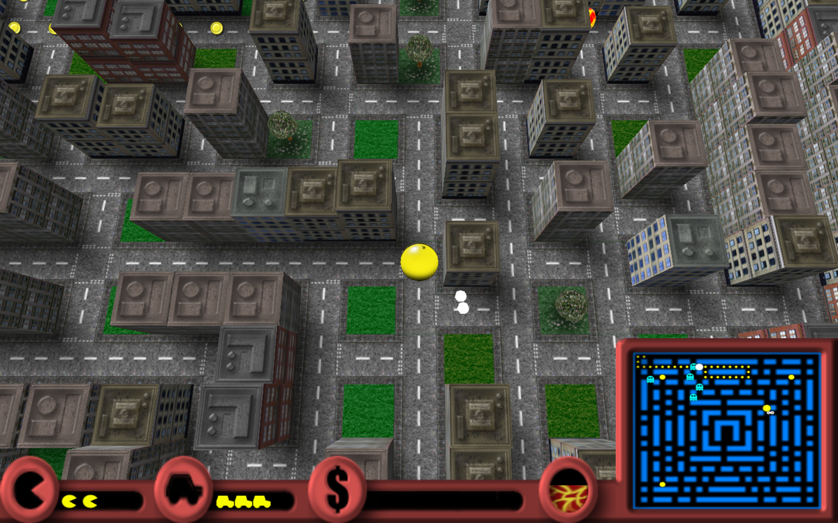 Pac-Manhattan (Windows) screenshot: The status bar is red to signify that I'm under the effect of a power pill. I just ate a ghost, and its bodiless eyes are fleeing.