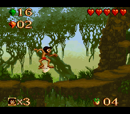 Disney's The Jungle Book (SNES) screenshot: At some areas, you can ride an insect like an elevator.