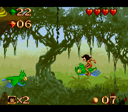 Disney's The Jungle Book (SNES) screenshot: Riding parrots to a safe location.