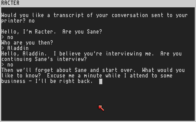 Racter (Amiga) screenshot: I'm not Sane, so disregard the previous interview.