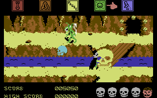Dragon Skulle (Commodore 64) screenshot: A giant skull is blocking my way. To remove it, I have to kill a certain number of enemies in the area.