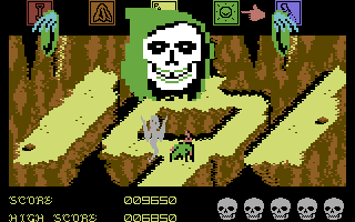 Dragon Skulle (Commodore 64) screenshot: I died. My soul (the grey ghost) is leaving my body.