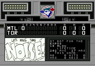 World Series Baseball (Genesis) screenshot: The scoreboard has animated graphics that seem to change