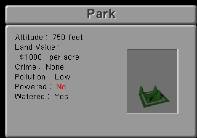 SimCity 2000 (SEGA Saturn) screenshot: An unpowered park!