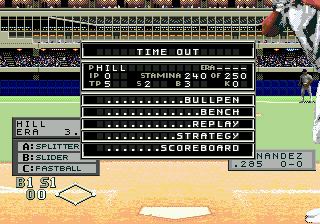 World Series Baseball (Genesis) screenshot: Time out options
