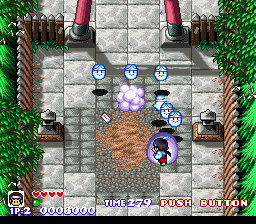 Pocky & Rocky (SNES) screenshot: Level 1 - I picked up a shield and am shooting at a few ghosts.