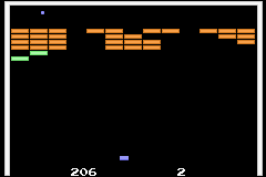 Millipede / Super Breakout / Lunar Lander (Game Boy Advance) screenshot: Breakout: getting the ball on the top results in lots of blocks being smashed.