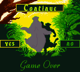 Walt Disney's The Jungle Book: Mowgli's Wild Adventure (Game Boy Color) screenshot: Game over... Continue?