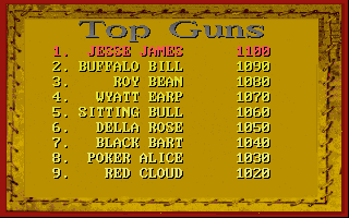 Billy the Kid Returns! (DOS) screenshot: The high score screen, now with more historical figures!