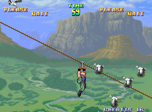 Shock Troopers (Arcade) screenshot: Using the grappling hook to go down