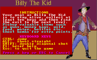 Billy the Kid Returns! (DOS) screenshot: Choosing "Introduction" shows the story of the game.