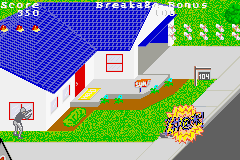 PaperBoy / Rampage (Game Boy Advance) screenshot: Paperboy: hitting moving obstacles creates this profanity crowd.