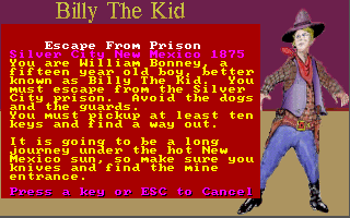 Billy the Kid Returns! (DOS) screenshot: Here you'll learn a bit about our uh, hero, Billy the Kid.