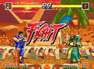 World Heroes Perfect (Neo Geo) screenshot: You can fight in several different locations in time, as always.