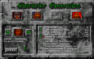 Abandoned Places 2 (Amiga) screenshot: Creating a party of four adventurers. Two fighters, a wizard, and a healer is a good mix.