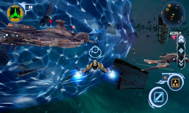 Star Battalion (Android) screenshot: A large enemy ship protected by a force field