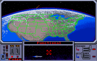 S.D.I. (Amiga) screenshot: Manning the missile defense system! You need to blow that ICBM out of the sky!