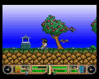 Yo! Joe! Beat the Ghosts (Amiga) screenshot: This beautiful tree was filled with bats.