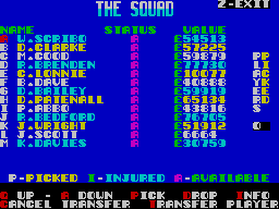 Jimmy's Soccer Manager (ZX Spectrum) screenshot: Your initial squad