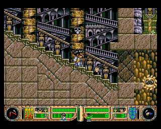 Yo! Joe! Beat the Ghosts (Amiga) screenshot: It's hard to see, but two steps below me is an ankh. It restores health.