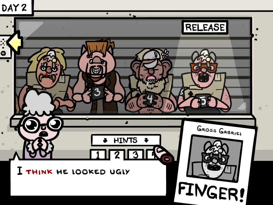 Fingered (Windows) screenshot: She is nearsighted, so she is not really sure if he was ugly.