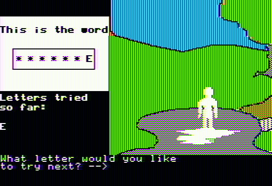 Dinosaur Discovery (Apple II) screenshot: Hangman game in the quicksand