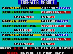 Jimmy's Soccer Manager (ZX Spectrum) screenshot: Three available signings
